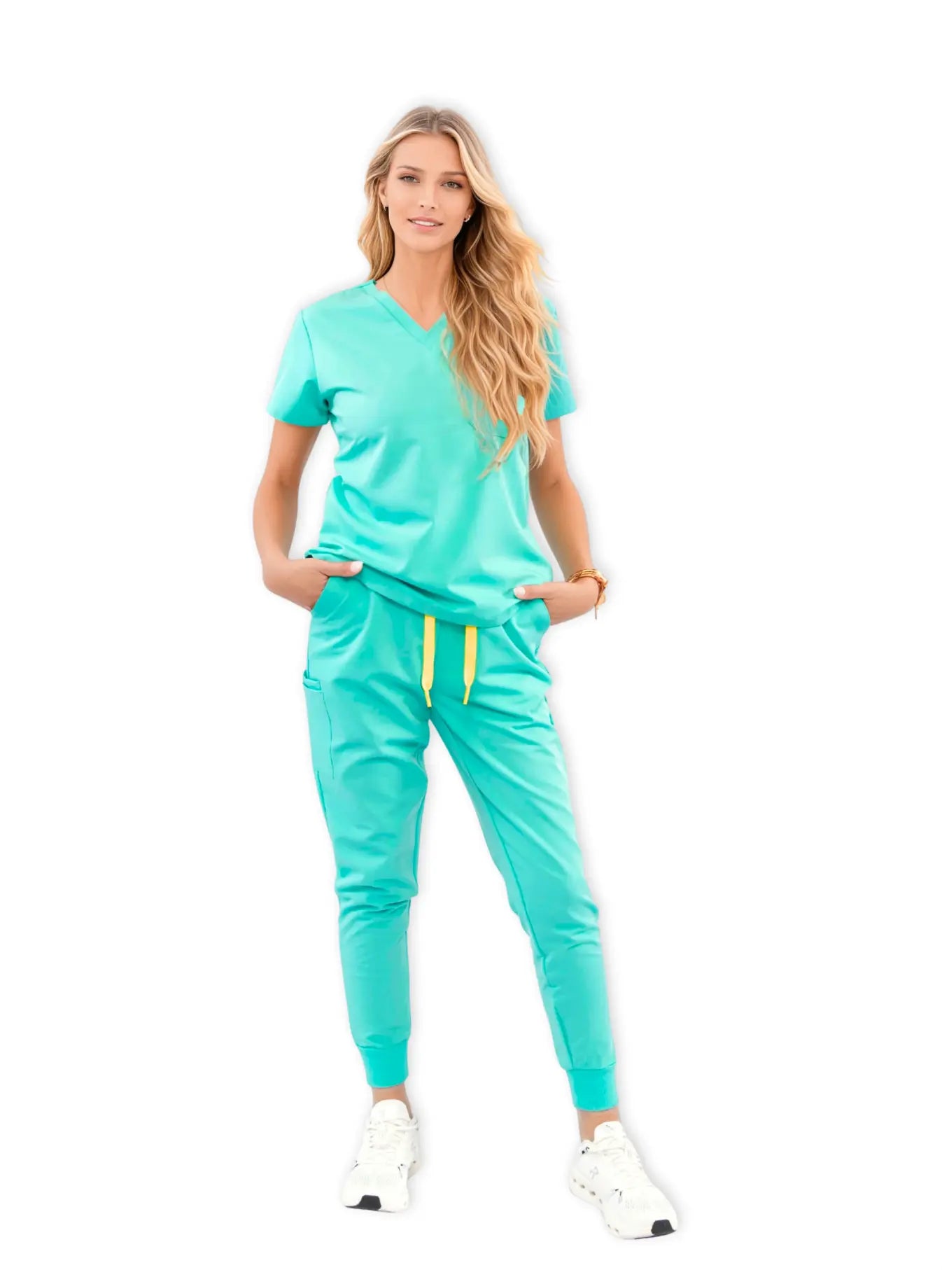 Female healthcare worker wearing light turquoise Estiva scrubs set with yellow drawstrings and a stethoscope.