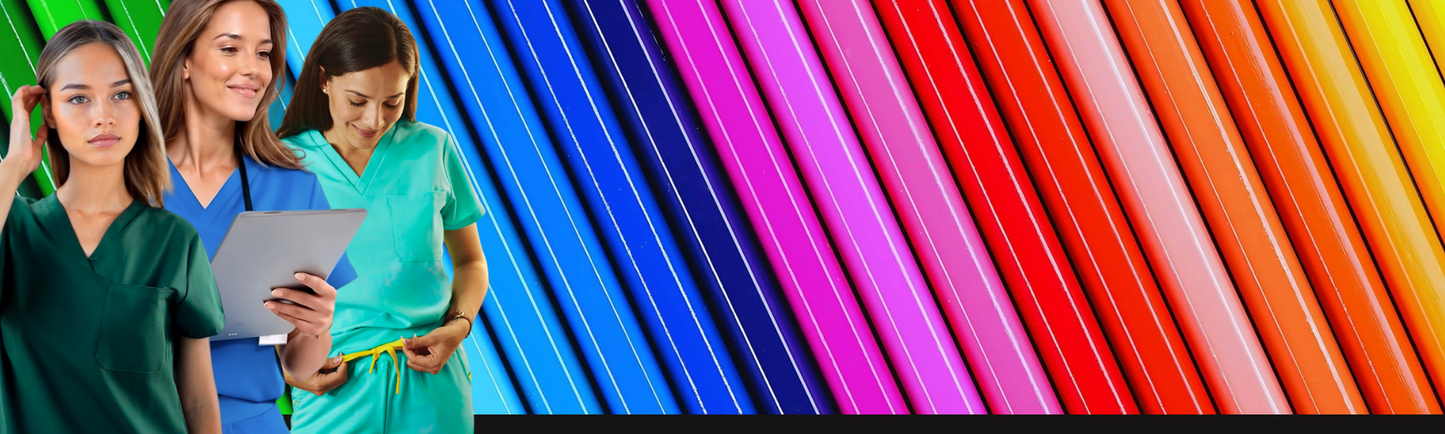 Three healthcare professionals wearing Estiva scrubs – green, blue, and turquoise – standing in front of a colorful rainbow background, showcasing the scrub collection in different colors.