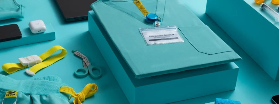 Flatlay of Estiva women's scrubs in light turquoise with medical accessories
