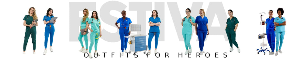 Medical professionals wearing Estiva scrubs in various colors and styles, showcasing modern outfits for healthcare heroes.
