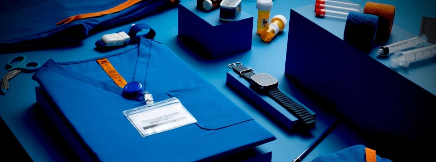 Flatlay of Estiva royal blue scrubs with orange and blue medical accessories
