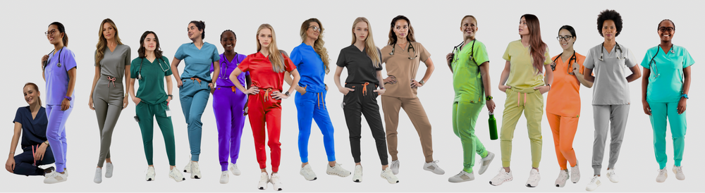 Row of people wearing colorful outfits on a white background