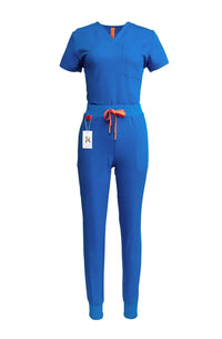 women's royal blue medical scrub set by estiva with modern fit top and jogger pants