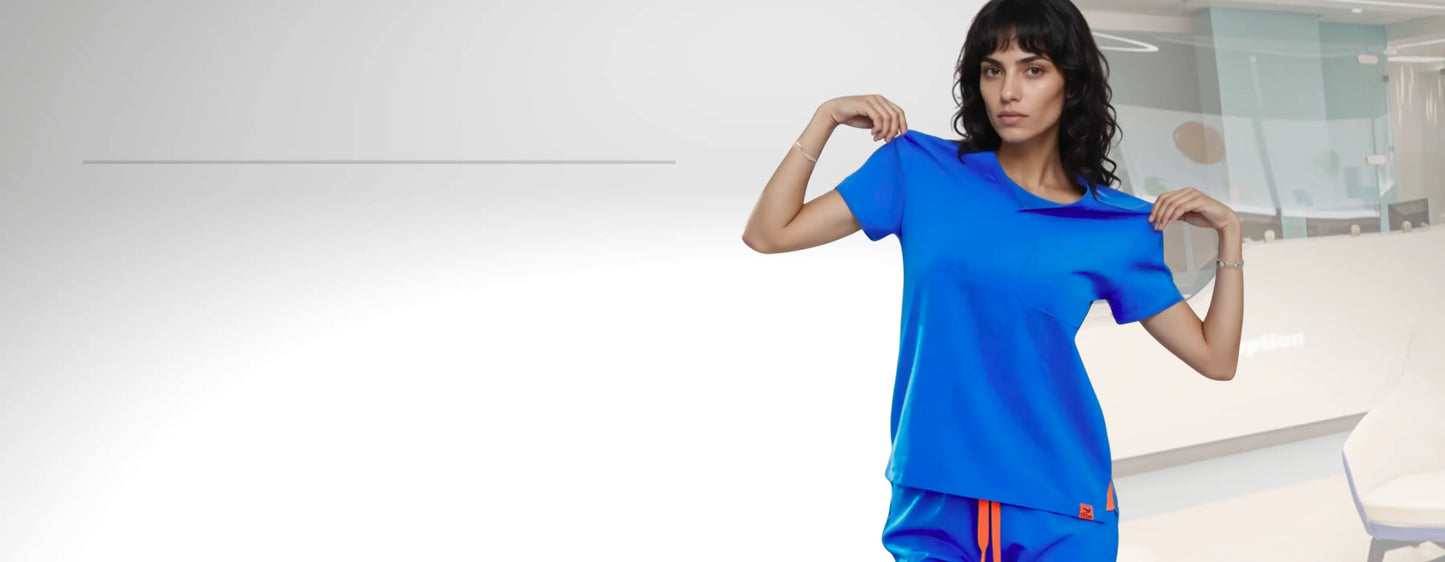 Womens scrub sets by Estiva, blue stretch medical uniform for nurses and healthcare professionals